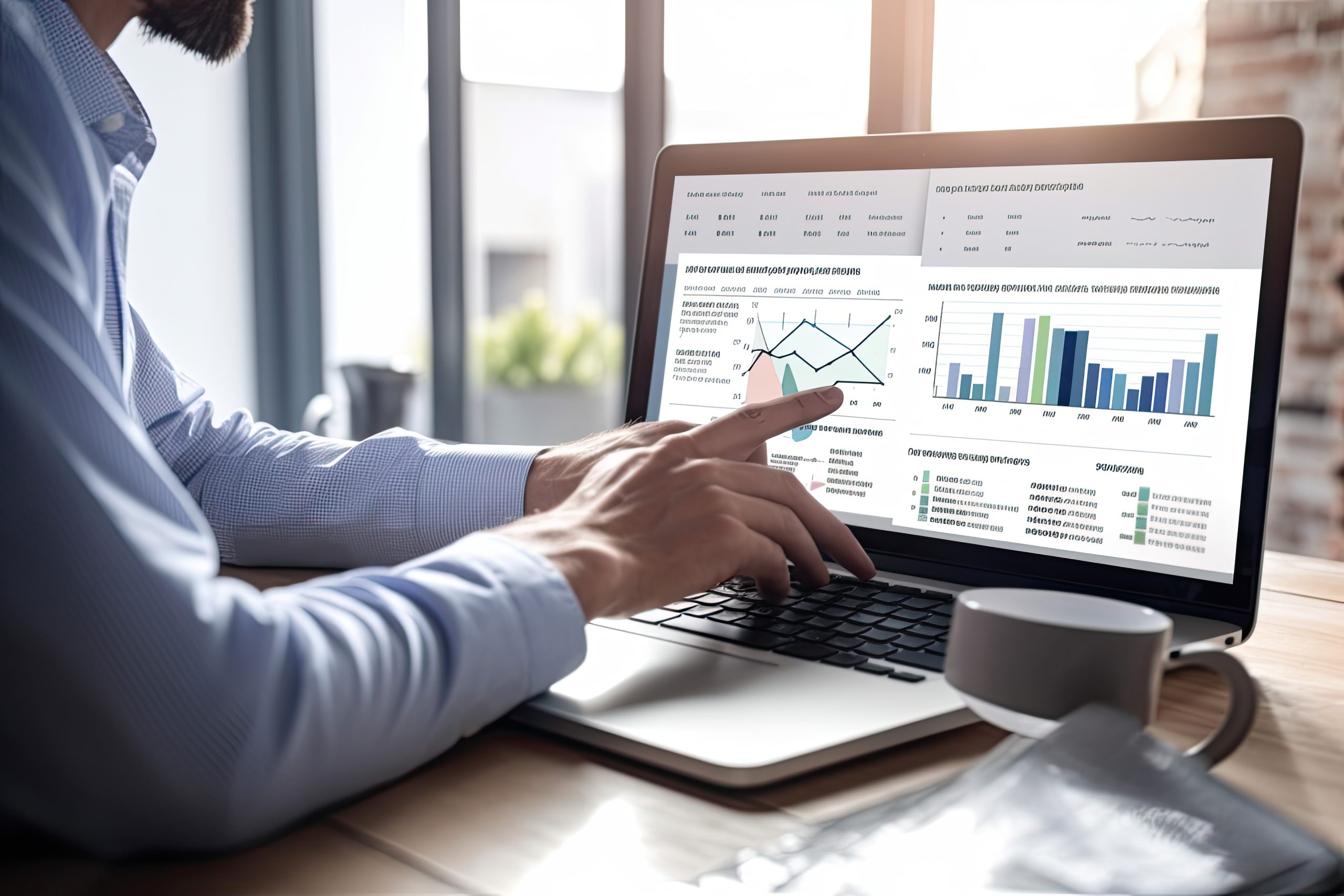 Business person analyzing accounting data on a laptop screen, concept of data visualization, graphs, charts, infographics, dashboard, financial data, collaboration, discussion